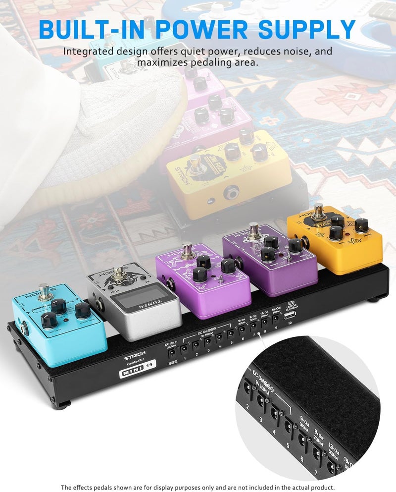 STRICH Guitar Pedal Board with Built-in Power Supply, Small Pedal Board 15 x 5.1" 1.3LB Lightweight Aluminum Alloy, PedalBoard with Pedal Cables, Bag, Hook Loop Strips PB-M15 - Image 2